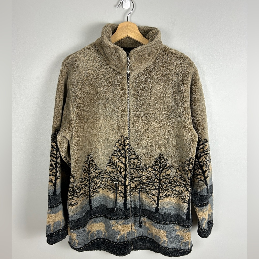 BLACK DIAMOND Vintage 90s Fleece Jacket‎ Size Large Forrest Moose Print Neutral